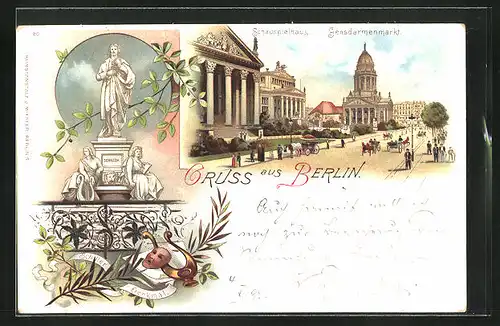 Lithographie Berlin, Schauspielhaus am Gendarmenmarkt, Schiller-Denkmal