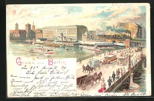 Lithographie Berlin, Pferde- und Strassenbahnen auf der Jannowitz-Brücke