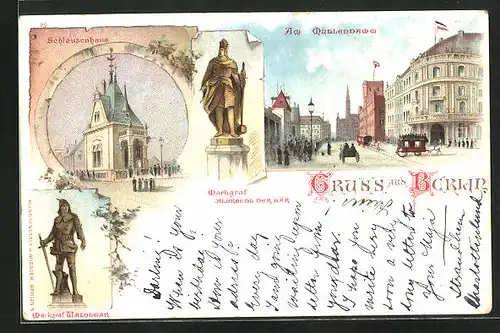 Lithographie Berlin, am Mühlendamm, Schleusenhaus, Standbilder Markgraf Waldemar & Albrecht der Bär