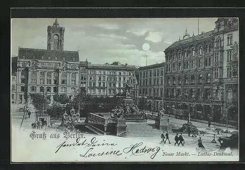 Mondschein-AK Berlin, Neuer Markt mit Luther-Denkmal