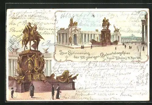 Lithographie Berlin, Denkmal Wilhelm der Grosse, Kaiser Wilhelm I. Denkmal