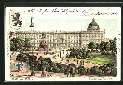 Lithographie Berlin, Kgl. Schloss, Lustgartenseite, Wappen