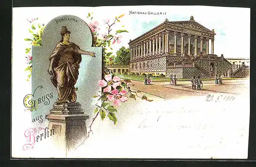 Lithographie Berlin, National-Gallerie und Berolina Denkmal