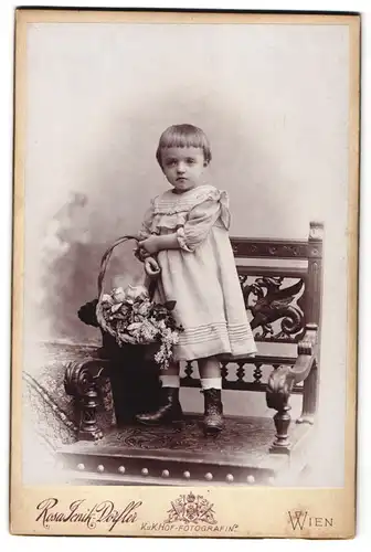 Fotografie Rosa Jenik-Dörfler, Wien, Mariatreugasse 6, Portrait Kind in plissiertem Kleid mit Blumenkorb