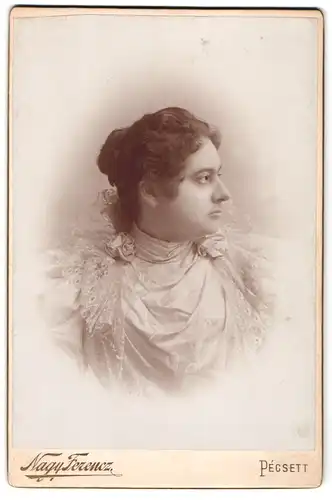 Fotografie Nagy Ferencz, Pecsett, Felsö Sétatér, Portrait Elegante Dame in spitzengesäumtem Kleid