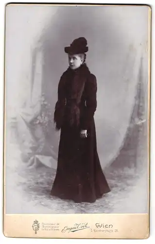 Fotografie Eugen Veit, Wien, Kärntnerstr. 28, Portrait Vornehme Dame mit Hut und Pelzstola im Taillenkleid