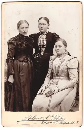 Fotografie A. Wehle, Zittau i. S., Hospitalstr. 2, Portrait drei Damen in bestickten Biedermeierkleidern posieren