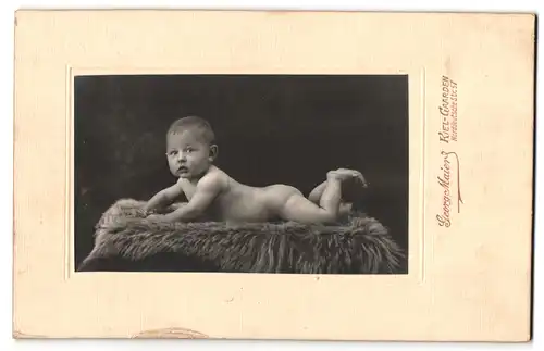 Fotografie Georg Maier, Kiel-Gaarden, Norddeutsche Strasse 57, Portrait nackiges Kleinkind bäuchlings auf Fell liegend