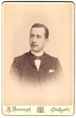 Fotografie H. Brandseph, Stuttgart, Marienstr. 36, Portrait junger Mann im Anzug mit Fliege und Moustache