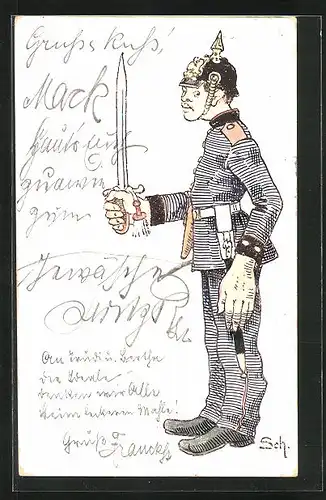 AK Soldat in Uniform mit Pickelhaube und Schwert, 1. Weltkrieg