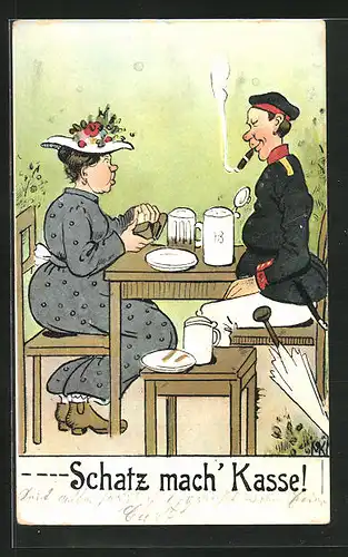AK Schatz mach` Kasse !, Soldat mit Zigarre und Frau am Tisch, 1. Weltkrieg