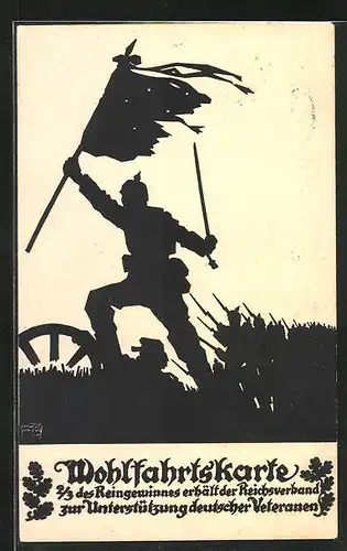 AK Schattenbild, Soldat mit Pickelhaube und Flagge, Kriegshilfe