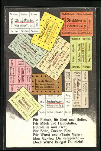AK Butterkarte, Eierkarte und Fleischkarte, Kriegsnot