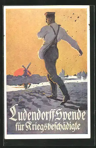 AK Ludendorff-Spende für Kriegsbeschädigte, Soldat bei der Aussaat, Im Hintergrund Windmühle
