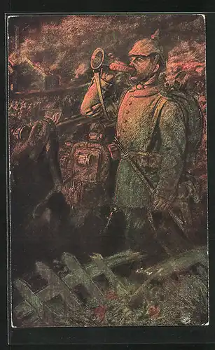 AK Soldat in Uniform mit Pickelhaube und Fanfare