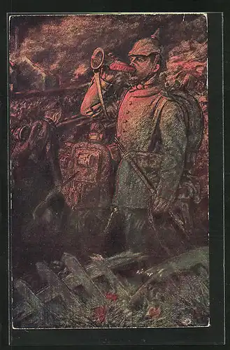 AK Soldat in Uniform mit Pickelhaube und Fanfare