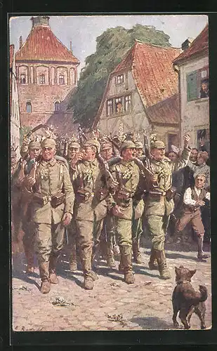 AK Soldaten in Uniform mit Pickelhaube und Gewehr auf der Strasse