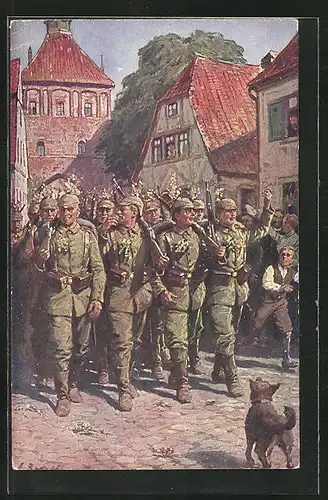 AK Soldaten mit Pickelhaube und Gewehr auf der Strasse
