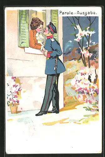 AK Soldat in Uniform am Fenster von Frau, Soldatenliebe