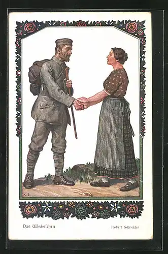 AK Das Wiedersehen, Soldat in Uniform mit Frau, Soldatenliebe