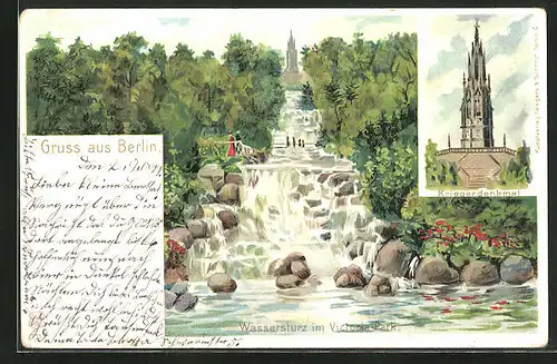 Lithographie Wassersturz im Victoria-Park, Kriegerdenkmal