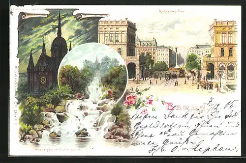 Lithographie Berlin-Kreuzberg, Friedenssäule am Halleschen Tor, Kirche zum Heiligen Kreuz, Wasserfall im Victoriapark