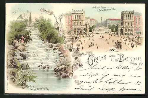 Lithographie Berlin-Kreuzberg, Hallesches Tor und Belle Alliance Platz, Wasserfall im Victoriapark