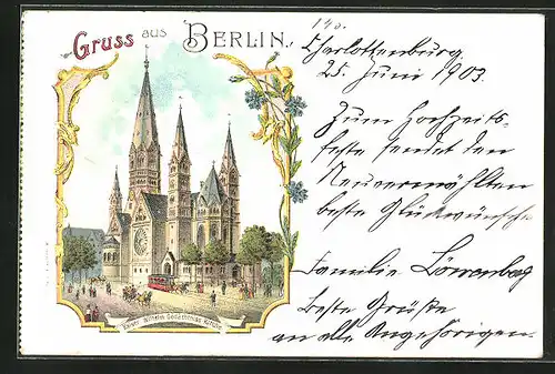 Lithographie Berlin-Charlottenburg, Blick zur Kaiser Wilhelm Gedächtnis-Kirche