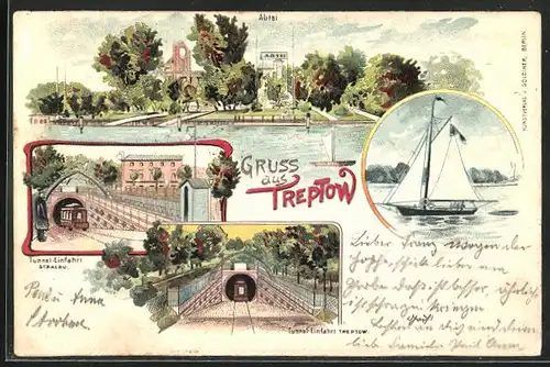 Lithographie Berlin-Treptow, Abtei, Tunneleinfahrt Stralau, Spree mit Segelbooten