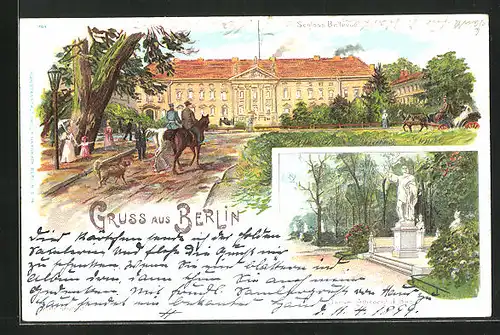 Lithographie Berlin-Tiergarten, Schloss Bellevue, Denkmal Albrecht d. Bär