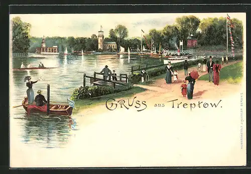 Lithographie Berlin-Treptow, Promenade mit Flaneuren, Dampfer, Ruderboot