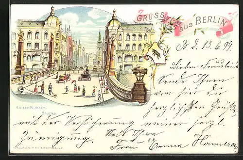 Lithographie Berlin, Kaiser-Wilhelm-Strasse mit Kutschen und Passanten