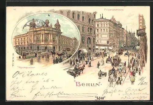 Lithographie Berlin, Reichspostamt Friedrichstrasse Ecke Jägerstrasse, Strassenbahn