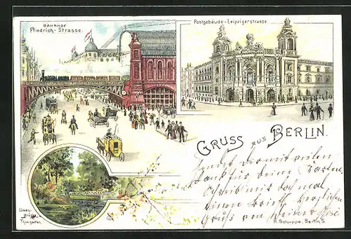 Lithographie Berlin, Bahnhof Friedrichstrasse, Postgebäude Leipzigerstrasse, Löwenbrücke Tiergarten