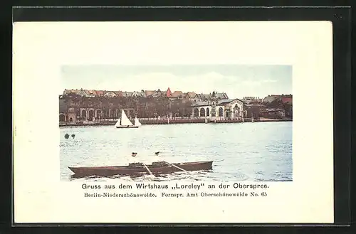 AK Berlin, Wirtshaus Loreley an der Oberspree mit Boot