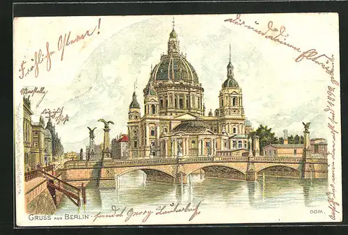 Lithographie Berlin, Flusspartie mit Dom