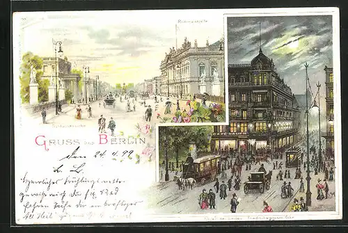 Lithographie Berlin, Unter den Linden Ecke Friedrichstrasse, Ruhmeshalle