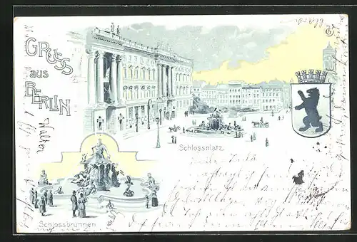 Lithographie Berlin, Schlossplatz, Schlossbrunnen