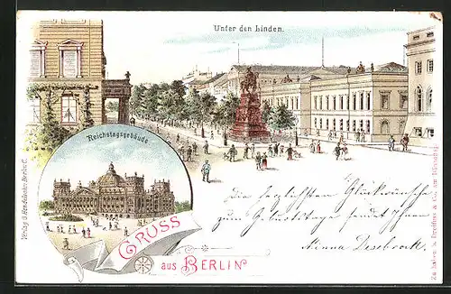 Lithographie Berlin, Reichstagsgebäude, Unter den Linden