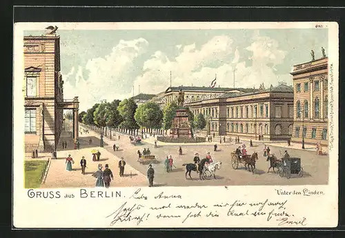 Lithographie Berlin, Denkmal Kaiser Friedrich der Grosse, Unter den Linden