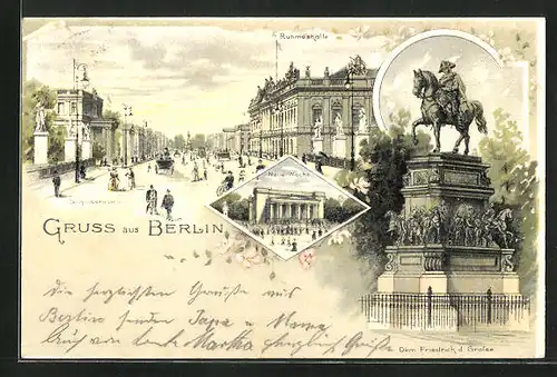 Lithographie Berlin, Ruhmeshalle, Dkm. Friedrich der Grosse, Unter den Linden, Neue Wache