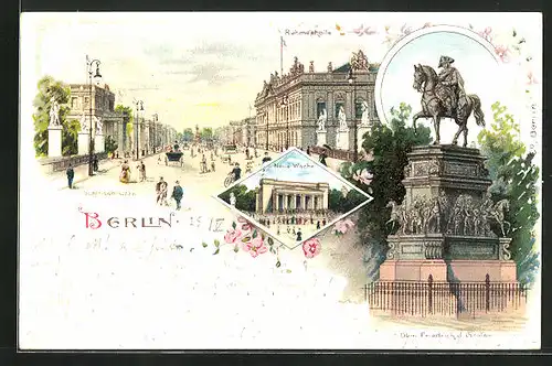 Lithographie Berlin, Dkm. Friedrich d. Grosse, Neue Wache, Schlossbrücke, Ruhmeshalle, Unter den Linden