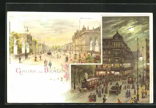 Lithographie Berlin, Hotel Bauer, Ruhmeshalle, Schlossbrücke, Unter den Linden