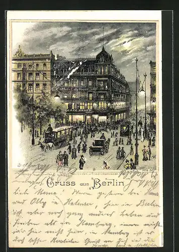 Lithographie Berlin, Unter den Linden und Friedrichstrassen-Ecke