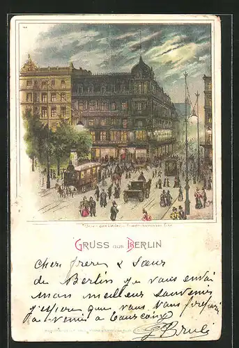 Lithographie Berlin, Unter den Linden Ecke Friedrichstrasse mit Cafe Bauer bei Vollmond