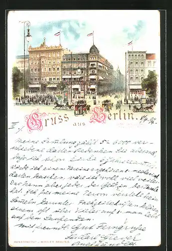 Lithographie Berlin, Unter den Linden Ecke Friedrichstrasse mit Cafe Bauer und Restaurant Imperial