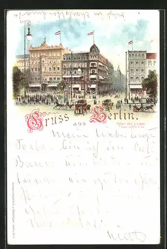 Lithographie Berlin, Unter den Linden Ecke Friedrichstrasse mit Cafe Bauer und Restaurant Imperial