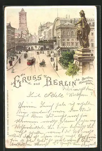 Lithographie Berlin, Alexanderplatz, Blick von der Berolina zum Rathaus
