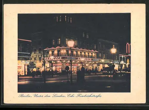 AK Berlin, Restaurant Kranzler, Unter den Linden Ecke Friedrichstrasse bei Nacht