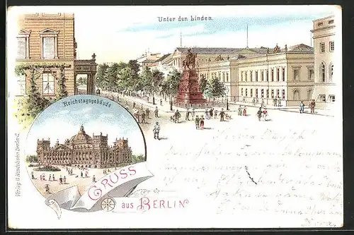 Lithographie Berlin, Unter den Linden, Reichstagsgebäude